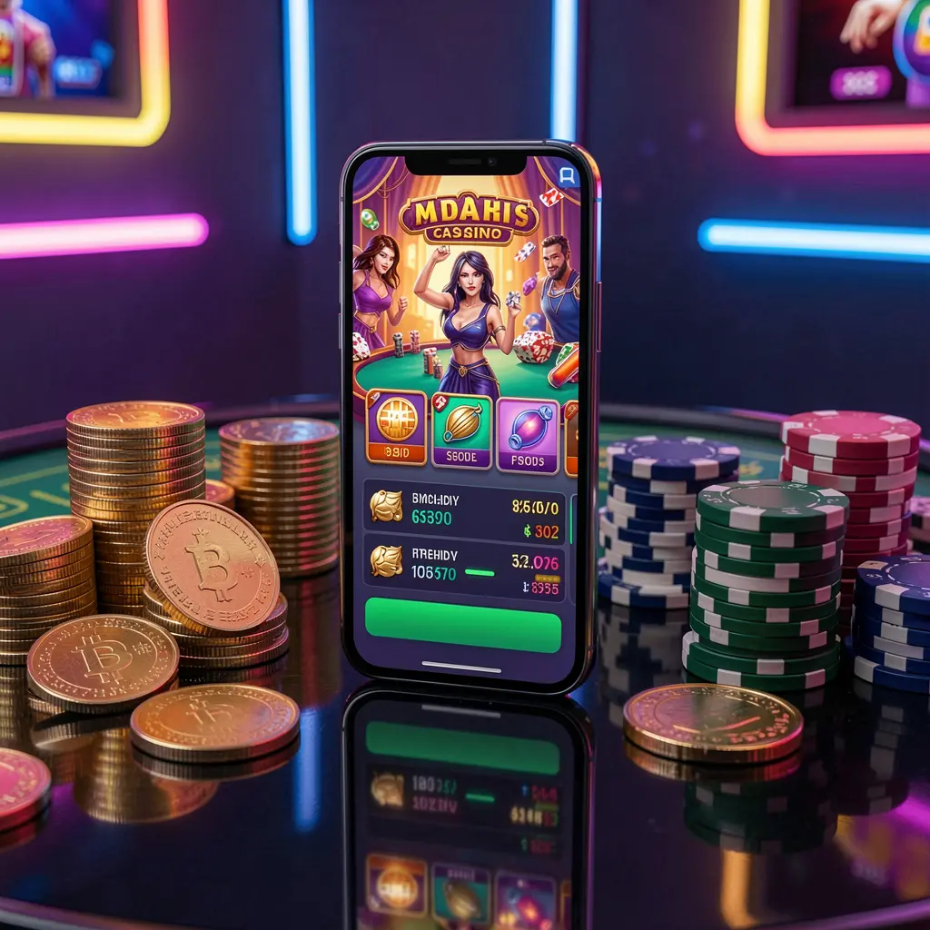 RUN77 mobile casino dashboard on smartphone displaying colorful gaming interface with golden coins and poker chips on glossy table under elegant neon lighting