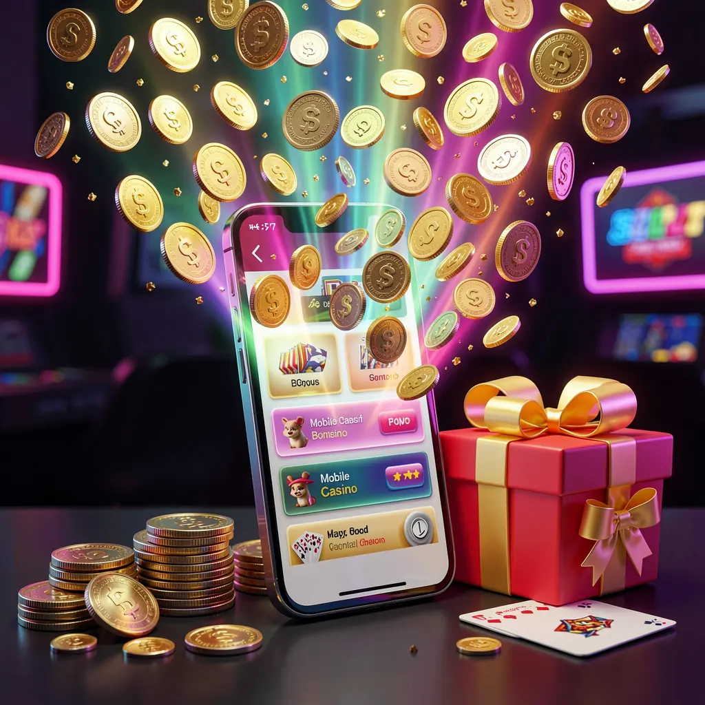 RUN77 mobile casino bonus banner featuring a smartphone with coins bursting from the screen, a gift box and playing cards nearby, all illuminated by a bright neon glow in a premium realistic 3D render