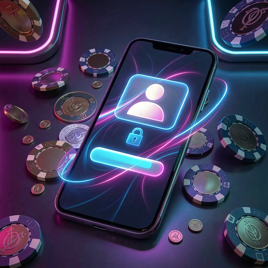 RUN77 mobile gaming login page concept on a smartphone featuring an abstract login interface with user and lock icons, surrounded by casino chips and coins under luxury neon lighting