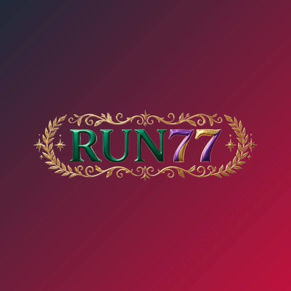 Luxury colorful RUN77 logo with bold serif typography in rich emerald, violet, and gold palette featuring elegant glowing ornaments, designed as a premium brand identity wordmark on a transparent background