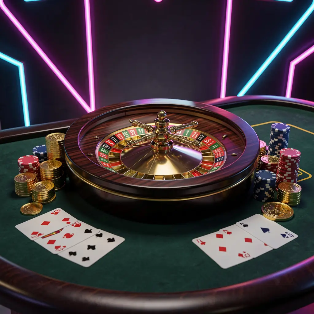 RUN77 online casino homepage hero banner featuring a luxury casino table with a roulette wheel, poker chips, playing cards, and golden coins on a dark premium background with neon glow in a cinematic 3D render